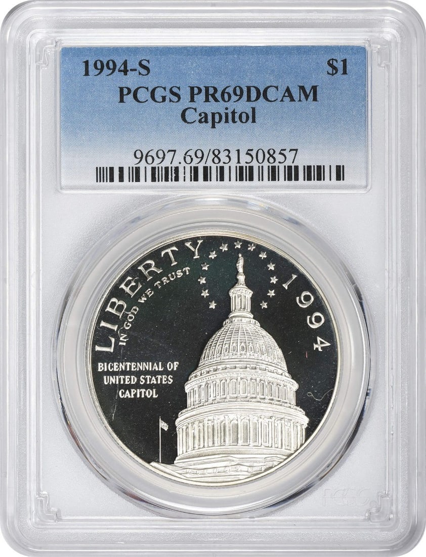 PCGS PR69DCAM 1994-S Capitol Silver Dollar Proof Coin: PCGS PR69DCAM 1994-S Capitol Silver Dollar Proof Coin This 1994-S Capitol Silver Commemorative Dollar is a proof coin graded PR69 Deep Cameo by PCGS. Struck in silver, it features a commemorative desi