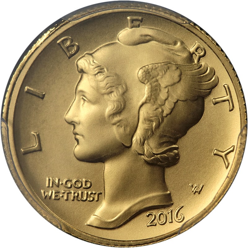 PCGS SP70 2016-W Gold Centennial Mercury Dime 1st Strike 100th Anniv: PCGS SP70 2016-W Gold Centennial Mercury Dime 1st Strike 100th Anniv Original 2016-W Gold Centennial 1/10 Ounce Mercury Dime graded PCGS SP70. This uncirculated commemorative gold coin is a 100th Anni