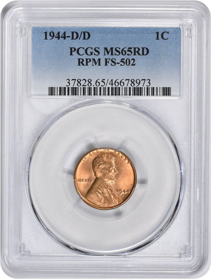 PCGS MS65RD 1944 D over D Lincoln Wheat Small Cent: PCGS MS65RD 1944 D over D Lincoln Wheat Small Cent This is a 1944-D/D Lincoln Wheat cent graded MS65RD by PCGS and encapsulated in a protective holder. It is an uncirculated United States small cent w