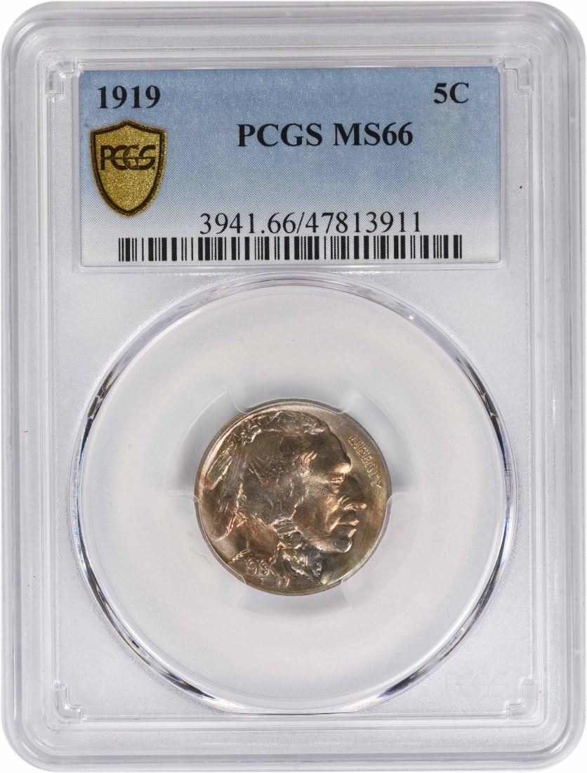 1919 Buffalo Five Cent Coin MS66 Graded by PCGS: 1919 Buffalo Five Cent Coin MS66 Graded by PCGS This is a 1919 Buffalo Nickel graded MS66 by PCGS. The coin is uncirculated and was minted in Philadelphia. Designed by James Earle Fraser, it features 