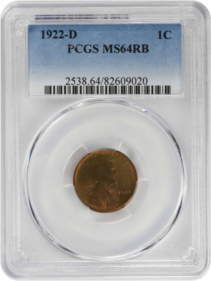 PCGS MS64RB 1922-D Lincoln Wheat Copper Small Cent: PCGS MS64RB 1922-D Lincoln Wheat Copper Small Cent This is a 1922-D Lincoln Wheat Cent graded MS64RB by PCGS. Struck from copper at the Denver Mint, this uncirculated small cent is encapsulated in a p
