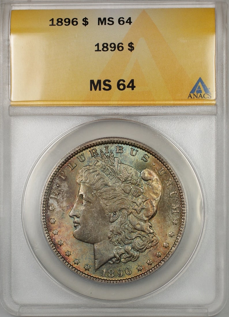 1896 Silver Dollar Coin MS-64 ANACS Graded with Attractive Toning: 1896 Silver Dollar Coin MS-64 ANACS Graded with Attractive Toning This 1896 Morgan Silver Dollar is graded MS-64 by ANACS and features beautiful toning. Struck in Philadelphia, the coin is uncirculate