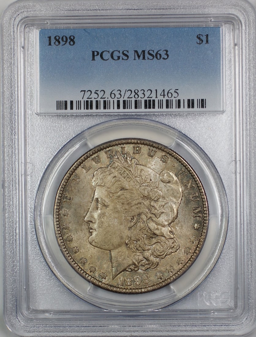 PCGS MS63 1898 Philadelphia Morgan Silver Dollar with Colorful Toning: PCGS MS63 1898 Philadelphia Morgan Silver Dollar with Colorful Toning This 1898 Morgan Silver Dollar is certified by PCGS with a grade of MS 63. The coin is uncirculated and features attractive toning