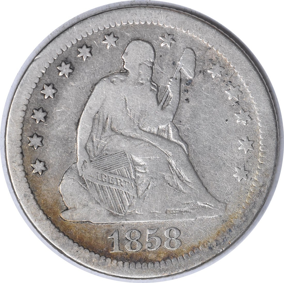1858 San Francisco Seated Liberty 25C Silver Quarter Fine Uncertified: 1858 San Francisco Seated Liberty 25C Silver Quarter Fine Uncertified 1858-S Seated Liberty silver quarter in circulated condition, graded F and offered uncertified. The coin is from the San Francisco