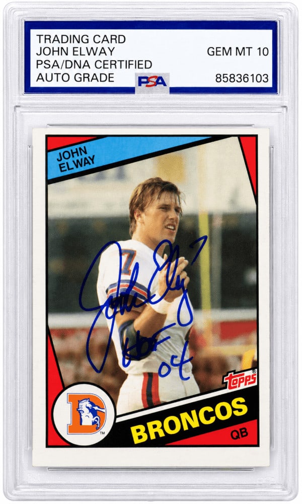 PSA Auto 10 John Elway 1984 Topps #63 Broncos Rookie Card HOF 04 Signed: PSA Auto 10 John Elway 1984 Topps #63 Broncos Rookie Card HOF 04 Signed Signed 1984 Topps rookie football trading card #63 featuring John Elway of the Denver Broncos, with "HOF 04" inscription. The au