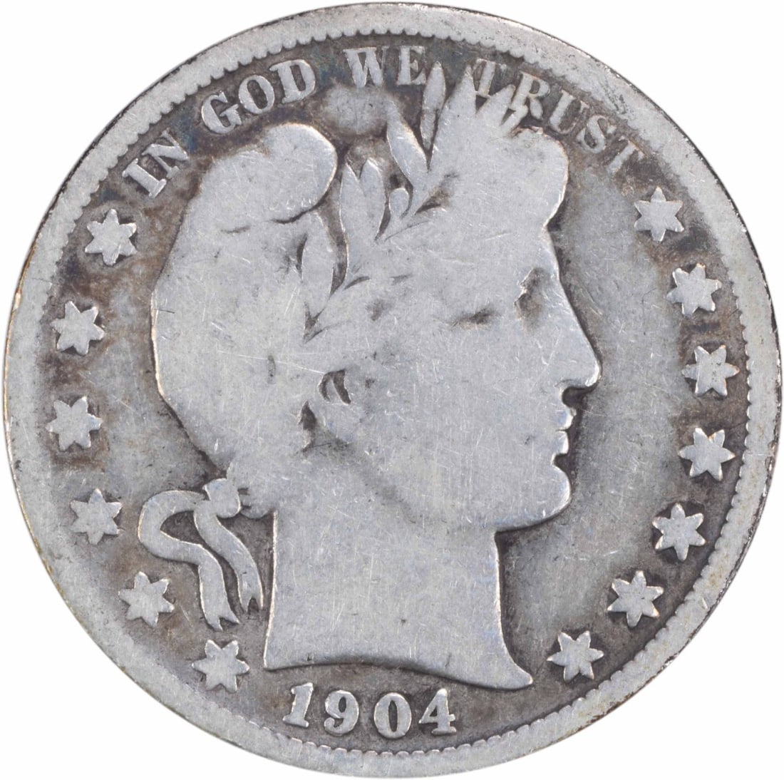United States 1904-S Barber 50C Silver Half Dollar VG: United States 1904-S Barber 50C Silver Half Dollar VG 1904-S Barber Half Dollar coin in circulated, pre-owned condition with a VG grade. This uncertified United States 50C coin is composed of silver. 
