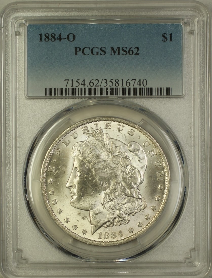 PCGS MS-62 1884-O Morgan Dollar Silver Coin from New Orleans Mint: PCGS MS-62 1884-O Morgan Dollar Silver Coin from New Orleans Mint This 1884-O Morgan Silver Dollar is a $1 coin from the United States, minted in New Orleans. Certified by PCGS with a grade of MS 62, 
