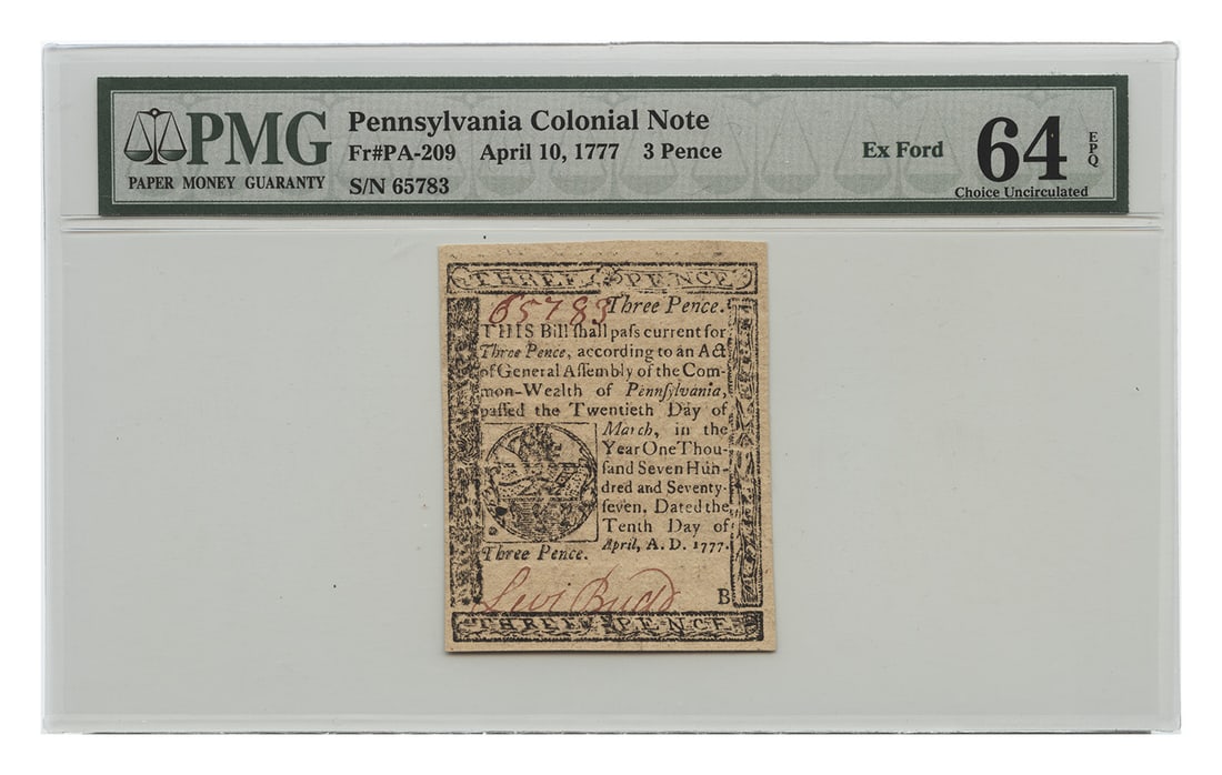 Pennsylvania 3 Pence Colonial Note April 10 1777 PMG Choice UNC64 EPQ (1 of 2)