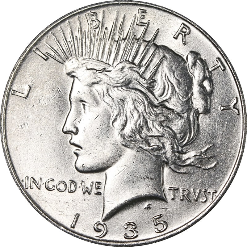1935 P Silver Peace Dollar: 1935 P Silver Peace Dollar This 1935-P Peace Dollar is a circulated silver coin from the United States, minted in 1935 at the Philadelphia Mint. It is composed of 0.9 fineness silver and is offered in