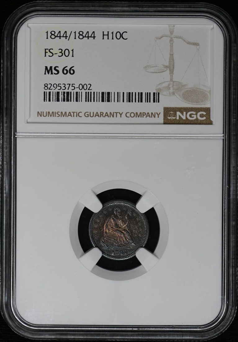 1844 Seated Half Dime Stars Obverse NGC MS66: 1844 Seated Half Dime Stars Obverse NGC MS66 This 1844 Liberty Seated Half Dime features a stunning uncirculated grade of MS66, certified by NGC with certification number 8295375002. Minted in Philade