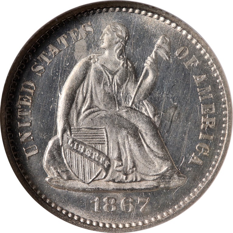 NGC MS66 1867 Seated Liberty Half Dime Silver Strong Strike Gem: NGC MS66 1867 Seated Liberty Half Dime Silver Strong Strike Gem This 1867 Seated Liberty Half Dime is graded MS66 by NGC, featuring outstanding luster and a strong strike. Composed of 90% silver, this