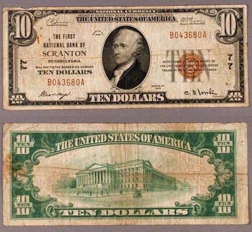 1929 T-1 $10 National Bank Note Scranton PA CH # 77: 1929 T-1 $10 National Bank Note Scranton PA CH # 77 This is a Fine condition 1929 T-1 $10 National Bank Note from Scranton, Pennsylvania, identified as Charter #77. This piece showcases the historical
