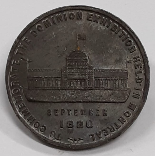 37MM Montreal 1880 Dominion Exposition Souvenir Medal: 37MM Montreal 1880 Dominion Exposition Souvenir Medal This 1880 Dominion Exposition souvenir medal from Montreal measures 37mm and features an image of one of the exposition buildings on one side, wit