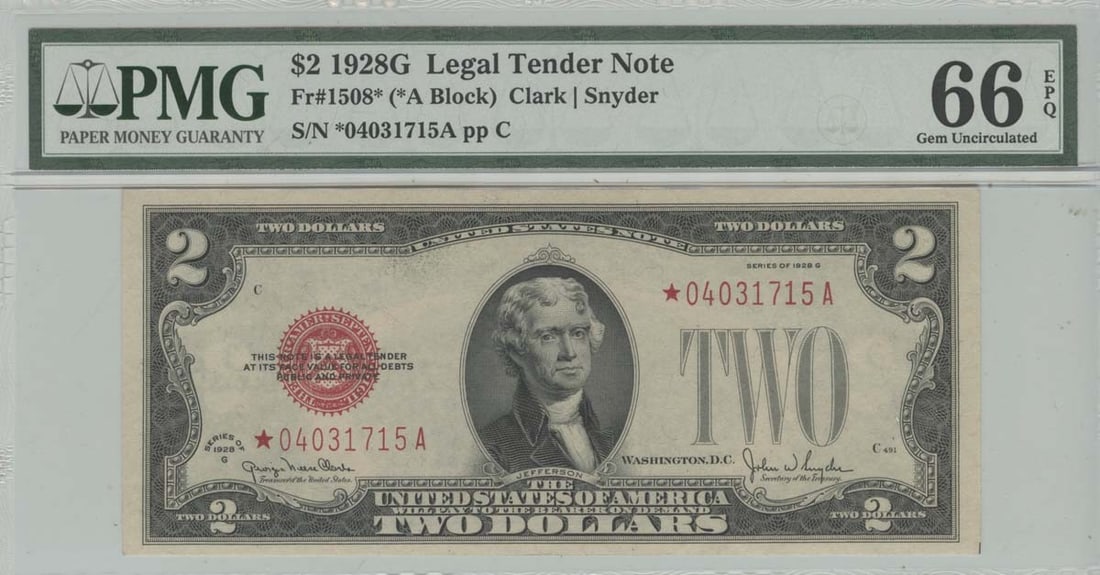 1928G $2 Legal Tender Star Note PMG 66 Gem Unc EPQ FR#1508*: 1928G $2 Legal Tender Star Note PMG 66 Gem Unc EPQ FR#1508* This is a 1928G $2 Legal Tender Star Note, graded PMG 66 Gem Unc EPQ. It features a certification number of 4000337002 and is classified as 
