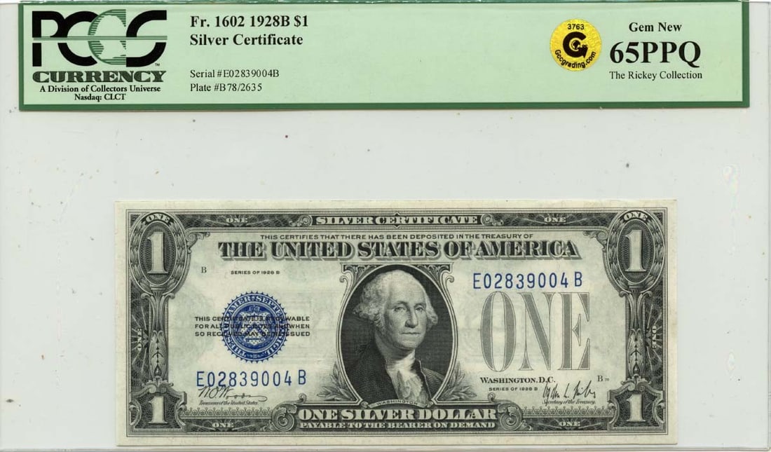 PCGS Gem 65 PPQ 1928B Silver Certificate Fr1602 United States: PCGS Gem 65 PPQ 1928B Silver Certificate Fr1602 United States This is a 1928B $1 Silver Certificate, certified by PCGS Currency with a grade of Gem65 PPQ. The note is uncirculated and originates from 