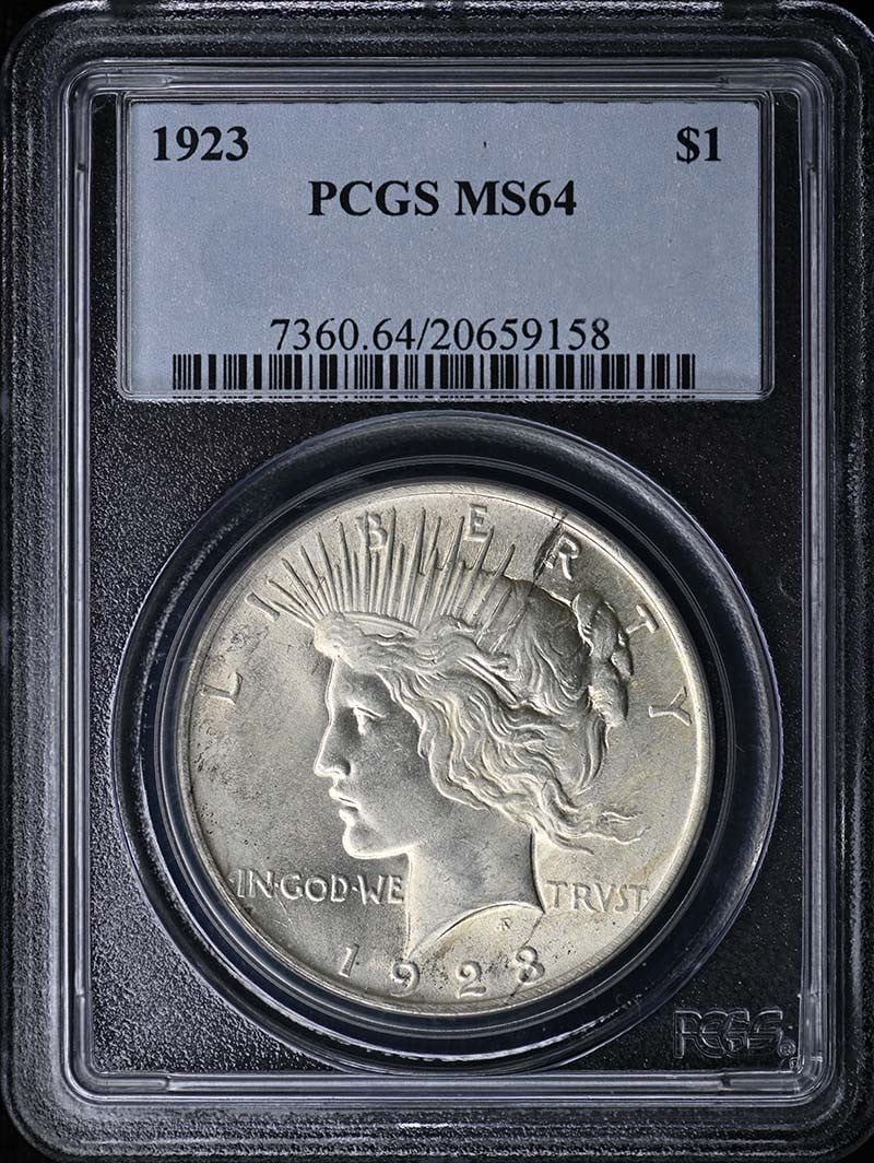 PCGS MS64 1923 Peace Silver Dollar Uncirculated Philadelphia: PCGS MS64 1923 Peace Silver Dollar Uncirculated Philadelphia This 1923 Peace Dollar is certified by PCGS with a grade of MS64. Struck in Philadelphia, it is an uncirculated coin from the United States