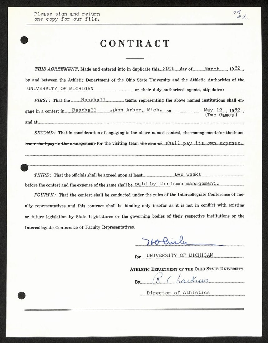 Fritz Crisler Signed Michigan Football Contract Authenticated by PSA: Fritz Crisler Signed Michigan Football Contract Authenticated by PSA This is an original contract signed by Fritz Crisler, the Hall of Fame head coach of the Michigan football team. The autograph on t