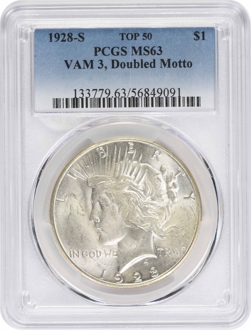 PCGS MS63 1928 S Peace Dollar VAM 3 Doubled Motto: PCGS MS63 1928 S Peace Dollar VAM 3 Doubled Motto 1928-S Peace Silver Dollar, VAM 3 variety, graded MS63 by PCGS. This uncirculated silver $1 coin is a doubled motto example and is offered as a pre-ow