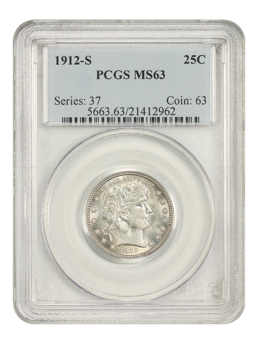 PCGS MS63 1912 S Barber Quarter 25C: PCGS MS63 1912 S Barber Quarter 25C 1912-S Barber Quarter certified by PCGS in MS63. This uncirculated example is a popular and scarce San Francisco issue with light pastel toning. Pre-owned. Specific