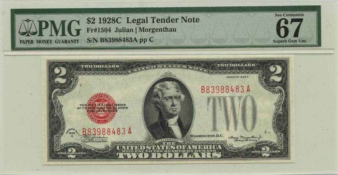 1928C $2 Legal Tender Note Fr# 1504 PMG Gem 67 EPQ: 1928C $2 Legal Tender Note Fr# 1504 PMG Gem 67 EPQ This is a 1928C $2 Legal Tender Note, designated as Type 1504. It has been graded by PMG as Gem 67 EPQ, indicating its exceptional quality and preser