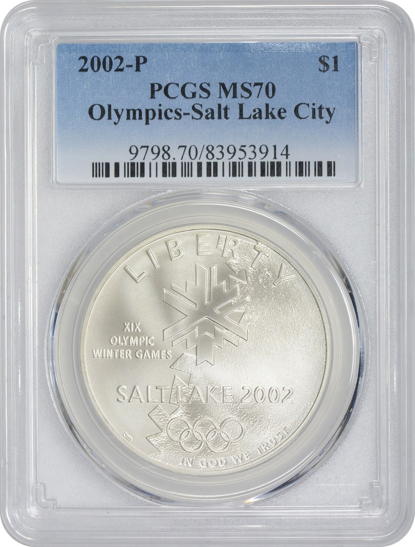 PCGS MS70 2002-P Silver Commemorative Dollar Salt Lake City Olympics: PCGS MS70 2002-P Silver Commemorative Dollar Salt Lake City Olympics 2002-P Salt Lake City Olympics commemorative dollar coin graded MS70 by PCGS. This uncirculated silver coin is a commemorative issu