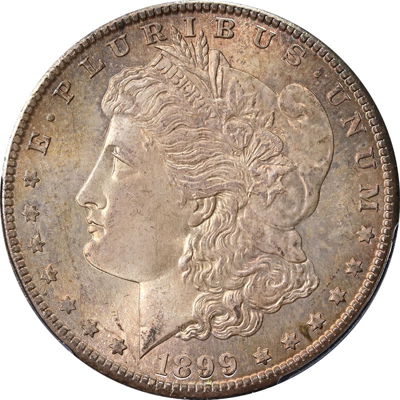 PCGS MS64 1899-O Silver Morgan Dollar with Attractive Toning: PCGS MS64 1899-O Silver Morgan Dollar with Attractive Toning This 1899-O Morgan Silver Dollar is graded MS64 by PCGS and features attractive toning. Struck at the New Orleans Mint, this uncirculated c