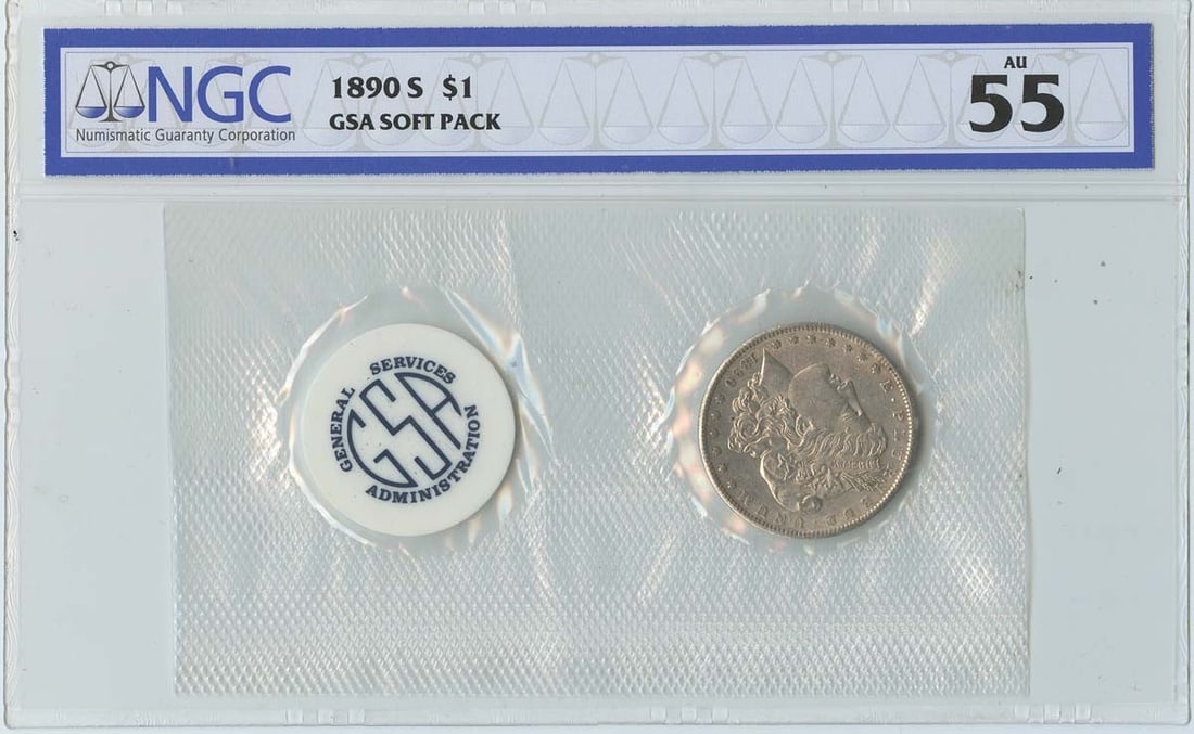 GSA Soft Pack 1890-S Morgan Silver Dollar NGC AU55 San Francisco: GSA Soft Pack 1890-S Morgan Silver Dollar NGC AU55 San Francisco This is an 1890-S Morgan Dollar graded AU55 by NGC. Minted in San Francisco, this circulated coin is part of the GSA Soft Pack series. 