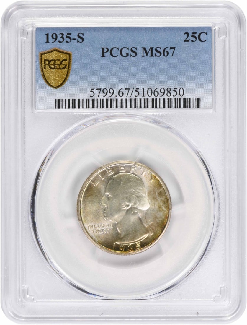 PCGS MS67 1935-S Washington Quarter 90% Silver: PCGS MS67 1935-S Washington Quarter 90% Silver This 1935 Washington Quarter is composed of 90% silver and 10% copper, with a diameter of 24.30 millimeters and a weight of 6.30 grams. Designed by John 