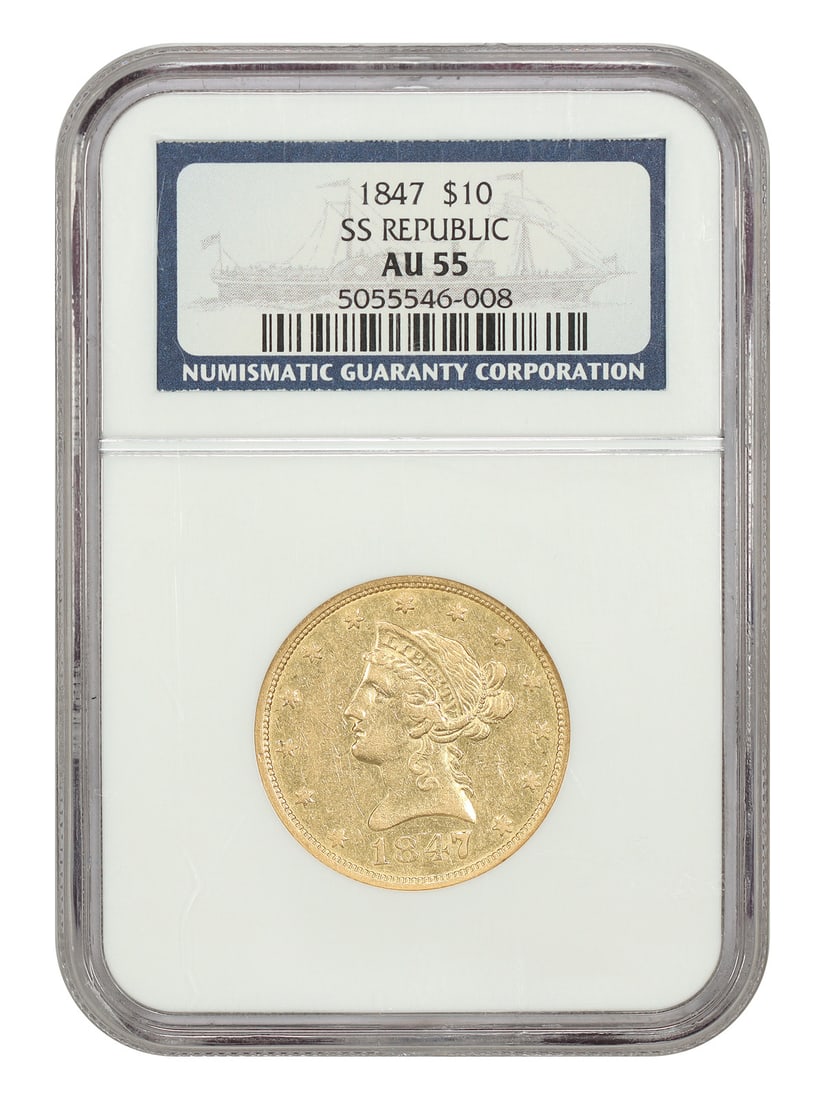 1847 Liberty Head $10 Eagle S.S. Republic Shipwreck NGC AU55: 1847 Liberty Head $10 Eagle S.S. Republic Shipwreck NGC AU55 This 1847 $10 Liberty Head Eagle is a Circulated coin recovered from the famed S.S. Republic, a Civil War-era steamship that sank in 1865 o