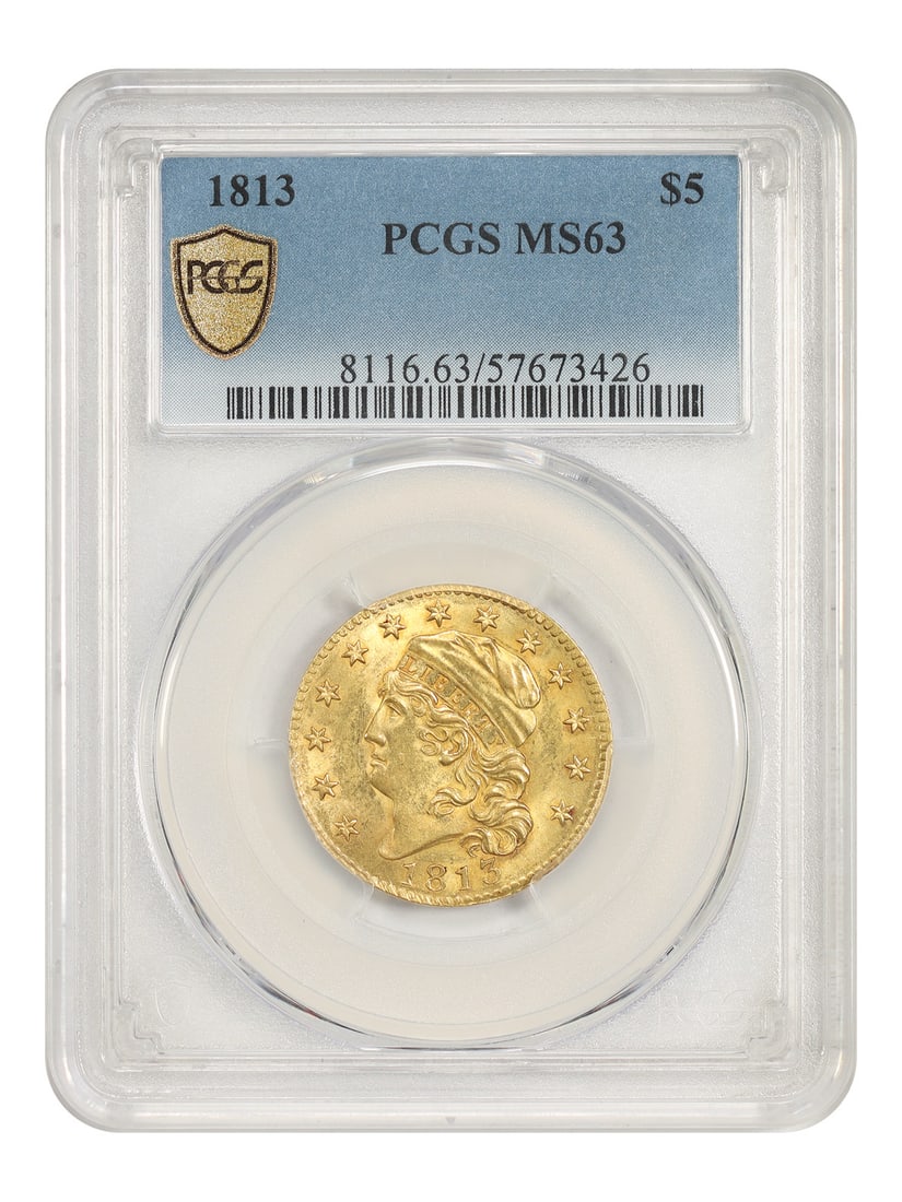 PCGS MS63 1813 Capped Bust $5 Gold Coin: PCGS MS63 1813 Capped Bust $5 Gold Coin 1813 Capped Bust $5 gold coin certified by PCGS in MS63 uncirculated condition. Struck in Philadelphia, this first-year example of the left-facing Capped Bust d