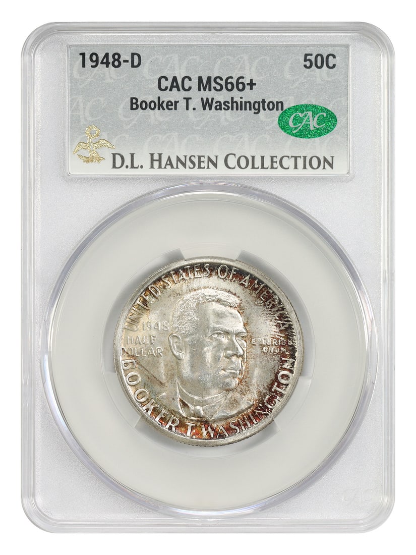 Booker T. Washington 1948-D 50C Commemorative CACG MS66+ ex D.L. Hansen: Booker T. Washington 1948-D 50C Commemorative CACG MS66+ ex D.L. Hansen 1948-D Booker T. Washington commemorative half dollar graded CACG MS66+ and pedigreed ex: D.L. Hansen. This uncirculated classic