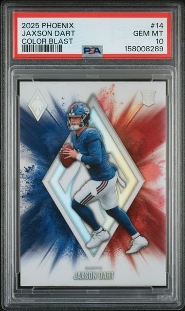 PSA 10 Jaxson Dart 2025 Panini Phoenix Color Blast Football Card: PSA 10 Jaxson Dart 2025 Panini Phoenix Color Blast Football Card This is a 2025 Panini Phoenix Jaxson Dart #14 Color Blast rookie football card, professionally graded PSA 10. The card features a multi