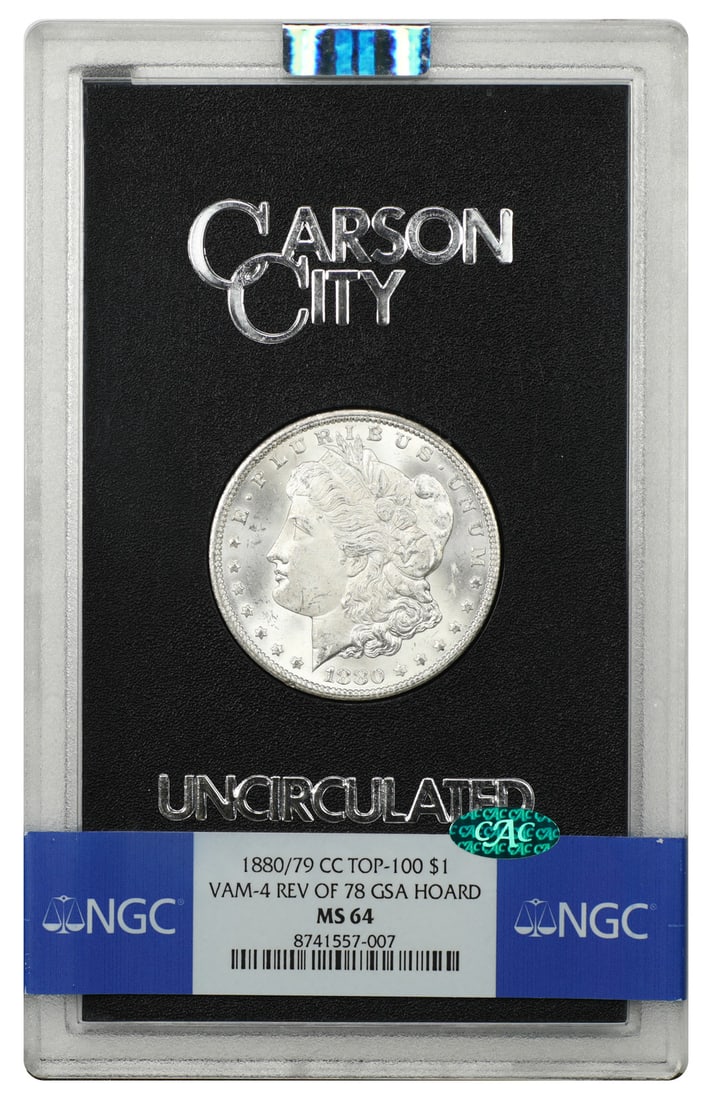 1880 Carson City Morgan Dollar GSA NGC CAC MS64 VAM-4: 1880 Carson City Morgan Dollar GSA NGC CAC MS64 VAM-4 1880 Carson City Morgan Dollar, a Top-100 VAM-4 overdate variety with the Reverse of 1878. This uncirculated example is certified by NGC and carri