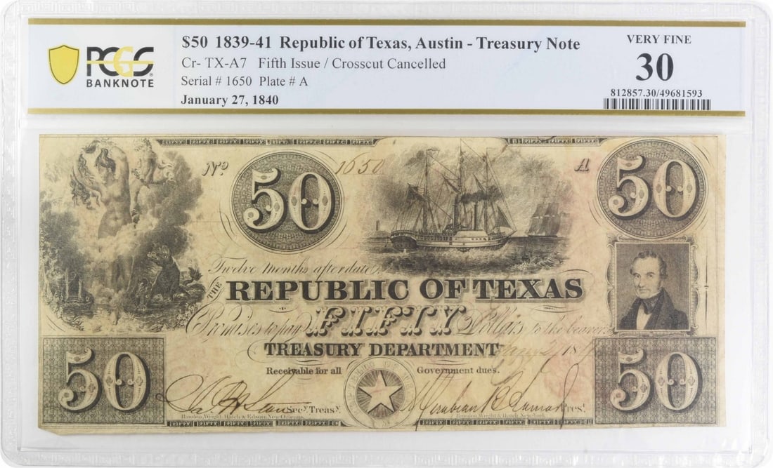 PCGS VF30 1839-41 Republic of Texas Austin A7 $50 Crosscut Cancelled: PCGS VF30 1839-41 Republic of Texas Austin A7 $50 Crosscut Cancelled Republic of Texas $50 note from the 1839-41 Austin issue with A7 crosscut cancelled designation. This circulated example is PCGS ce