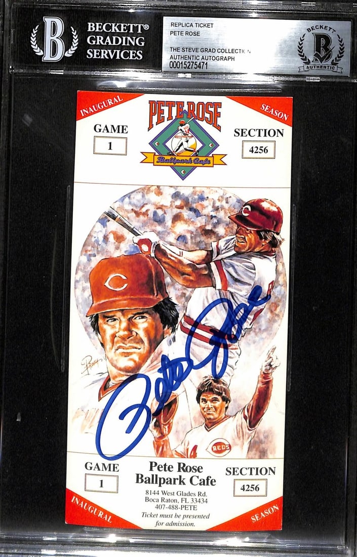 Beckett Slabbed Pete Rose Replica Promo Card Signed: Beckett Slabbed Pete Rose Replica Promo Card Signed This is a replica promotional card signed by legendary baseball player Pete Rose. The autograph is clearly presented in blue ink and was obtained in