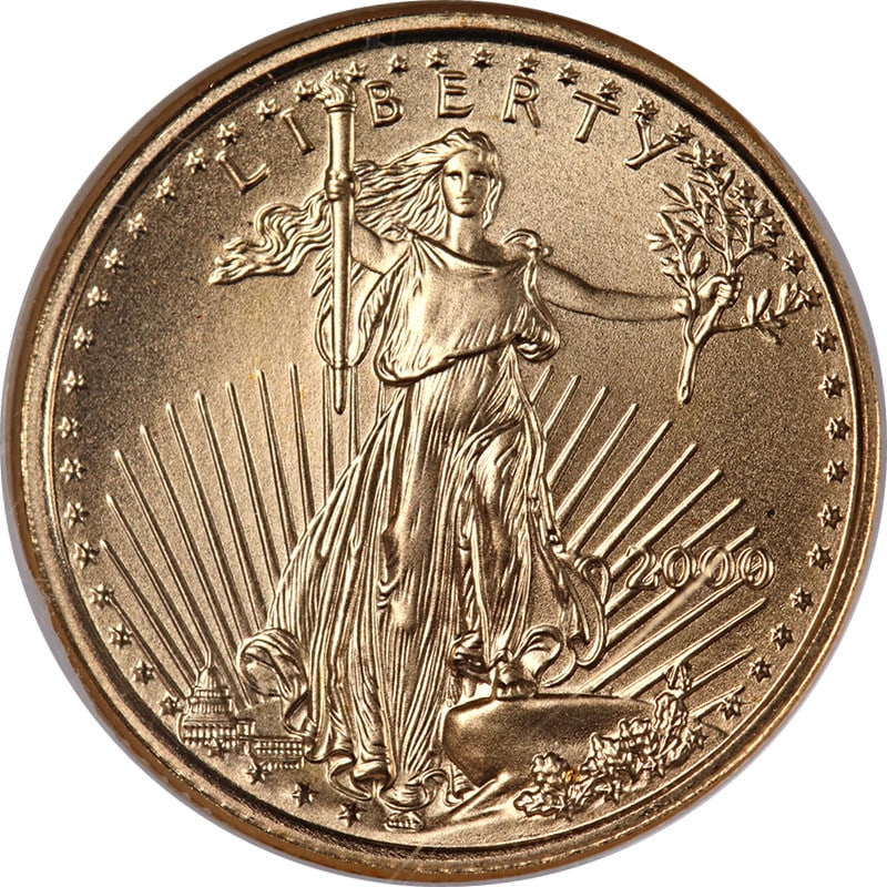 2000 $5 Gold Eagle NGC MS70 Brown Label Coin 1/10 oz Uncirculated: 2000 $5 Gold Eagle NGC MS70 Brown Label Coin 1/10 oz Uncirculated This 2000 Gold American Eagle $5 coin is certified by NGC with a grade of MS70 and features the Brown Label. Struck from 1/10 oz of go