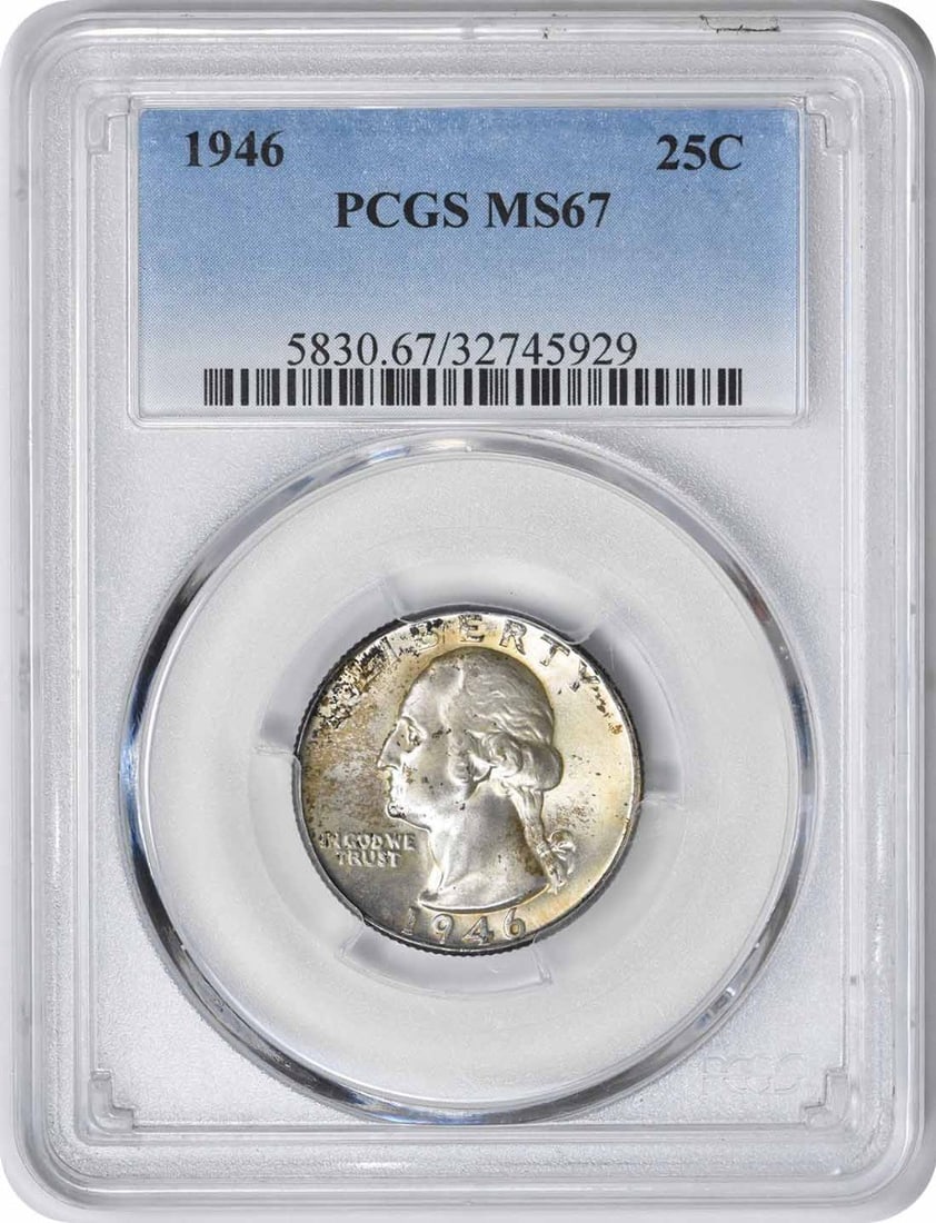 1946 Washington Silver Quarter MS67 PCGS 90% Silver Uncirculated: 1946 Washington Silver Quarter MS67 PCGS 90% Silver Uncirculated This 1946 Washington Silver Quarter, graded MS67 by PCGS, is a remarkable piece for any coin collector. Struck at the Philadelphia Mint