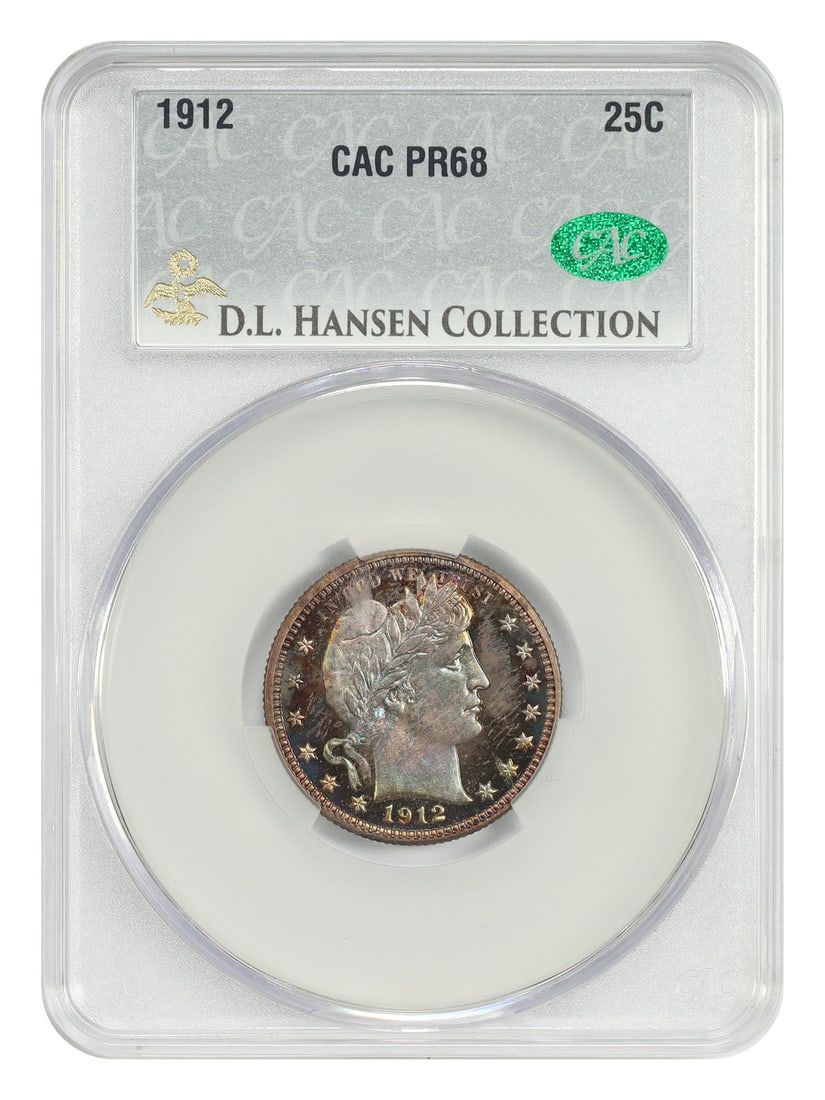 Barber Quarter 1912 25C PR68 CACG ex D.L. Hansen: Barber Quarter 1912 25C PR68 CACG ex D.L. Hansen 1912 Barber Quarter certified PR68 by CACG, ex: D.L. Hansen. From a relatively low proof production of just 700 coins. The original description notes t