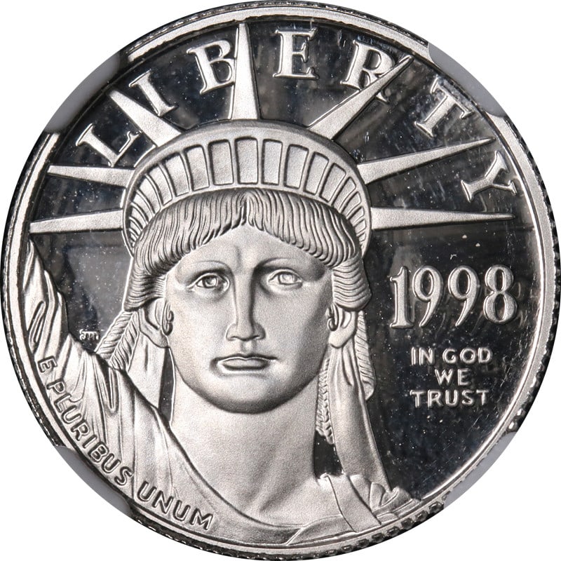 NGC PF70 Ultra Cameo 1998-W $25 Platinum American Eagle Coin: NGC PF70 Ultra Cameo 1998-W $25 Platinum American Eagle Coin This 1998-W Platinum American Eagle $25 coin is uncirculated and certified by NGC with a PF70 Ultra Cameo grade. Minted in West Point, it i