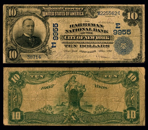 1902 DB $10 National Bank Note Harriman NY Ch #9955 Circulated: 1902 DB $10 National Bank Note Harriman NY Ch #9955 Circulated This 1902 $10 National Bank Note from Harriman, NY, is a remarkable piece for collectors. Certified as Very Good (VG), it features a 3/4'
