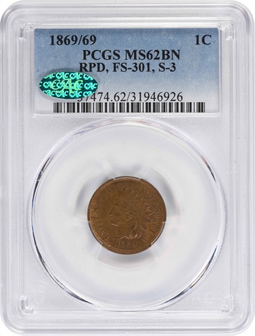 PCGS CAC MS62BN 1869 69 Indian Head Small Cent FS-301 S-3: PCGS CAC MS62BN 1869 69 Indian Head Small Cent FS-301 S-3 1869/69 Indian Head Small Cent variety FS-301, S-3, graded MS62BN by PCGS with CAC. This pre-owned United States copper coin is listed as unci
