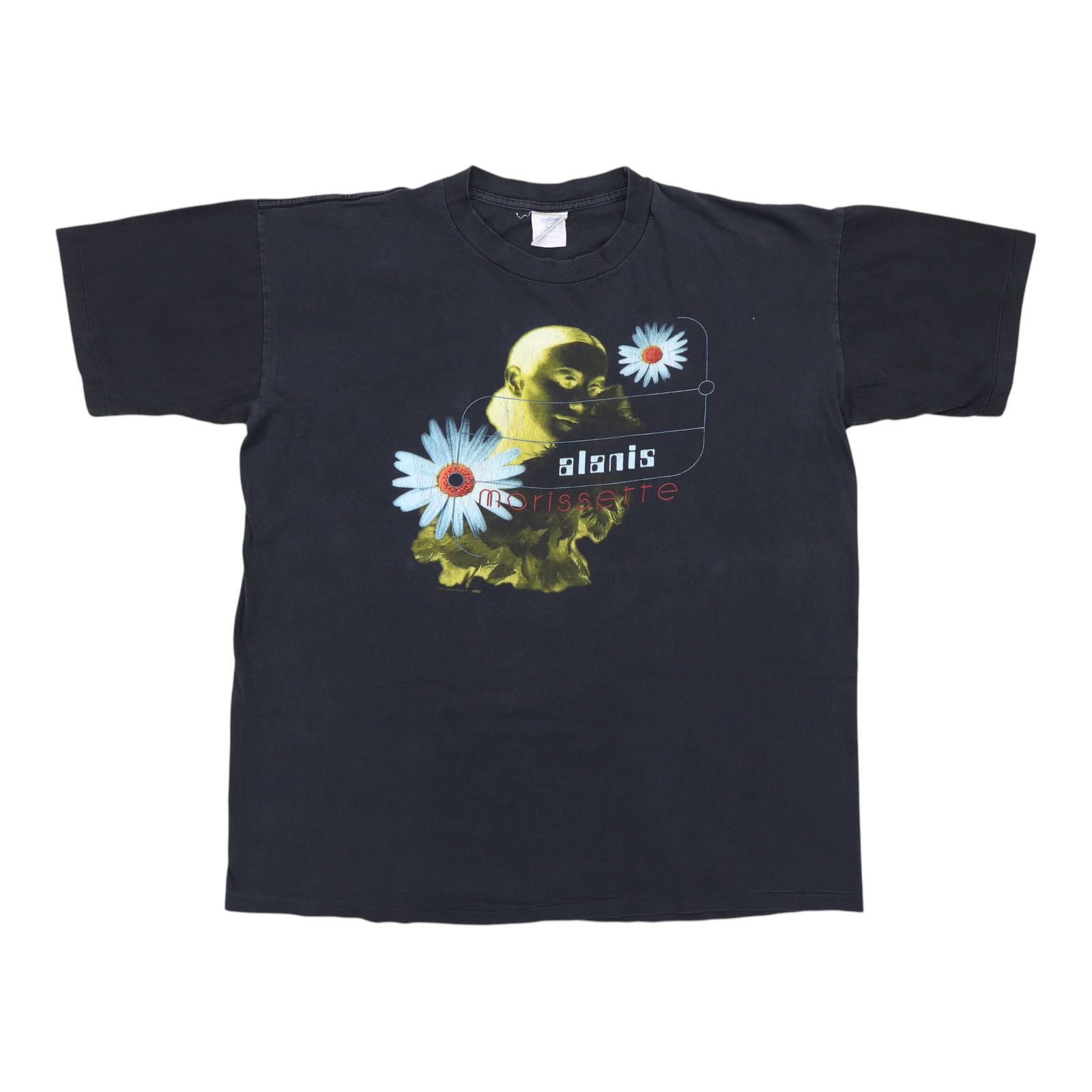 Vintage 1996 Alanis Morissette Black Cotton Graphic T-Shirt Extra Large: Vintage 1996 Alanis Morissette Black Cotton Graphic T-Shirt Extra Large This is an original vintage 1996 Alanis Morissette shirt featuring front and back graphics. The shirt is made of 100% cotton in 
