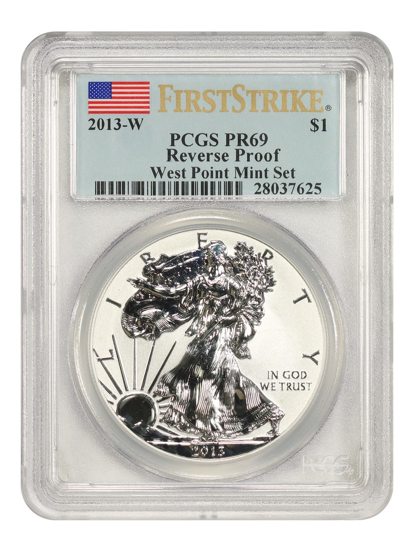 PCGS Rev PR69 2013-W Silver Eagle Dollar First Strike: PCGS Rev PR69 2013-W Silver Eagle Dollar First Strike 2013-W $1 Silver Eagle graded PCGS Rev PR69. The coin is uncirculated and identified as a West Point Mint Set First Strike issue. It is pre-owned 