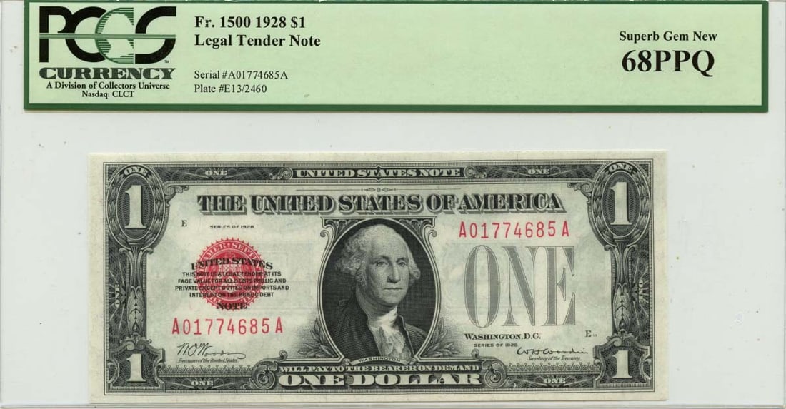 1928 $1 Legal Tender Note Fr# 1500 PCGS Gem 68 EPQ: 1928 $1 Legal Tender Note Fr# 1500 PCGS Gem 68 EPQ This 1928 $1 Legal Tender Note, designated as Fr# 1500, has been certified by PCGS Currency with a Gem 68 EPQ grade, indicating its exceptional condi