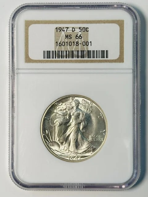 NGC MS 66 1947 D Walking Liberty Half Dollar Silver Coin: NGC MS 66 1947 D Walking Liberty Half Dollar Silver Coin 1947-D Walking Liberty Half Dollar certified by NGC in MS 66. This silver coin is listed as uncirculated and pre-owned, with nice luster noted 