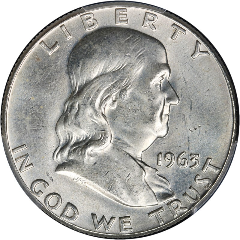 PCGS MS64 FBL 1963 P Franklin Silver Half Dollar: PCGS MS64 FBL 1963 P Franklin Silver Half Dollar Original 1963-P Franklin Half Dollar graded PCGS MS64 FBL. This uncirculated silver coin offers great eye appeal with fantastic luster, a strong strike