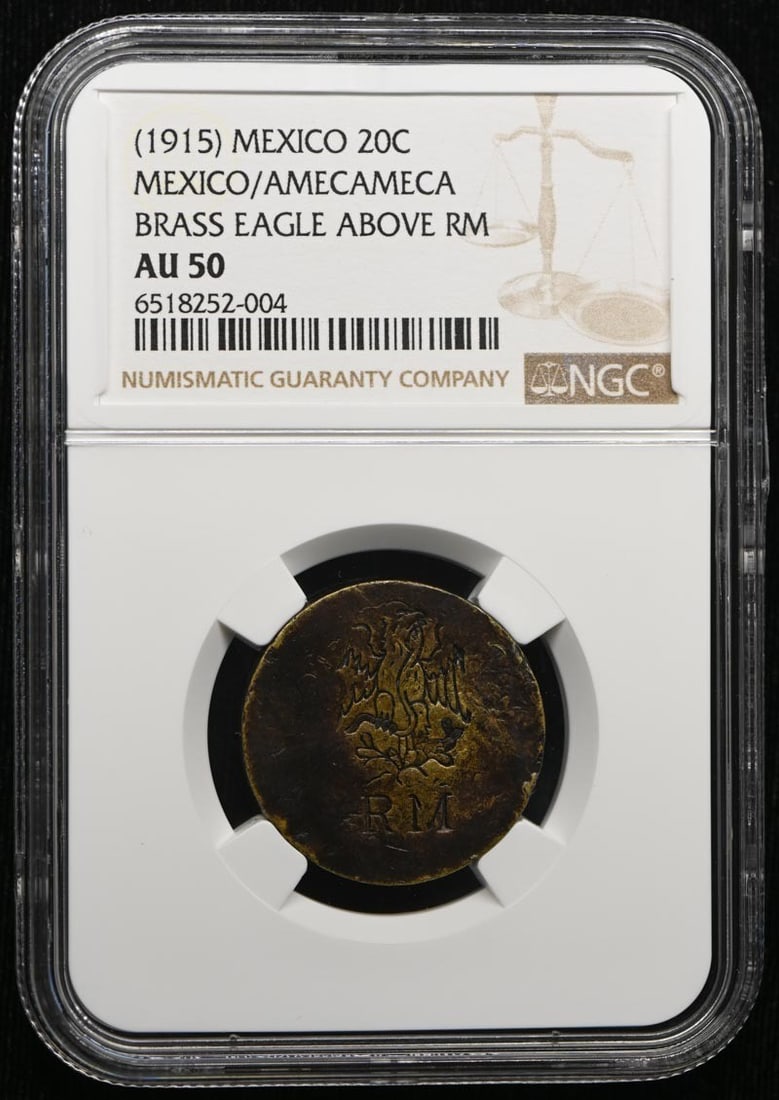 Mexico Amecameca 20C KM-682 GB-248 NGC AU50 Coin: Mexico Amecameca 20C KM-682 GB-248 NGC AU50 Coin Undated (1915) Mexico/Amecameca 20 centavos coin, cataloged as KM-682 and GB-248. This pre-owned example is circulated and certified by NGC with an AU5