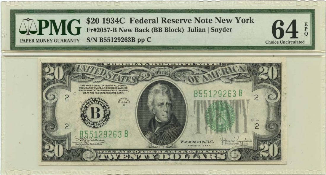 PMG 64 EPQ 1934 New York $20 Federal Reserve Note FR#2057-B (1 of 2)