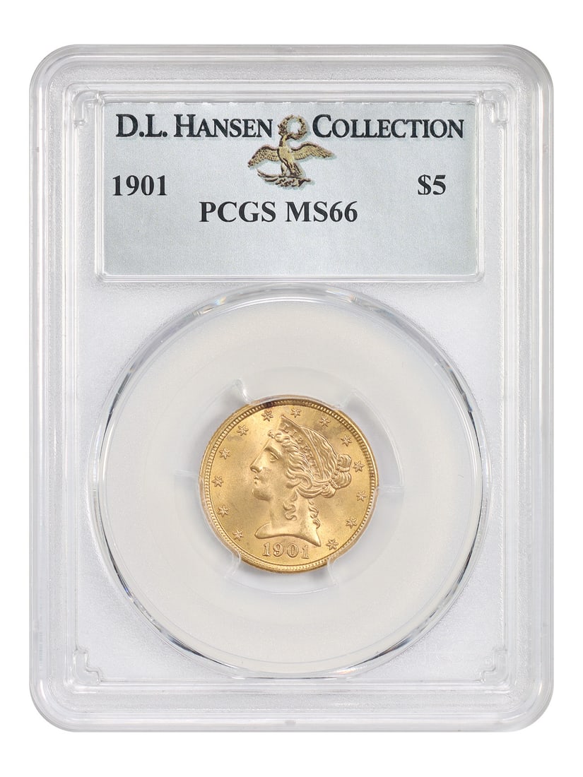 1901 Liberty Head $5 Gold Coin PCGS MS66: 1901 Liberty Head $5 Gold Coin PCGS MS66 1901 Liberty Head $5 gold coin graded PCGS MS66. This uncirculated example is an ex: D.L. Hansen piece and is described as a superb gem high-end type example. 