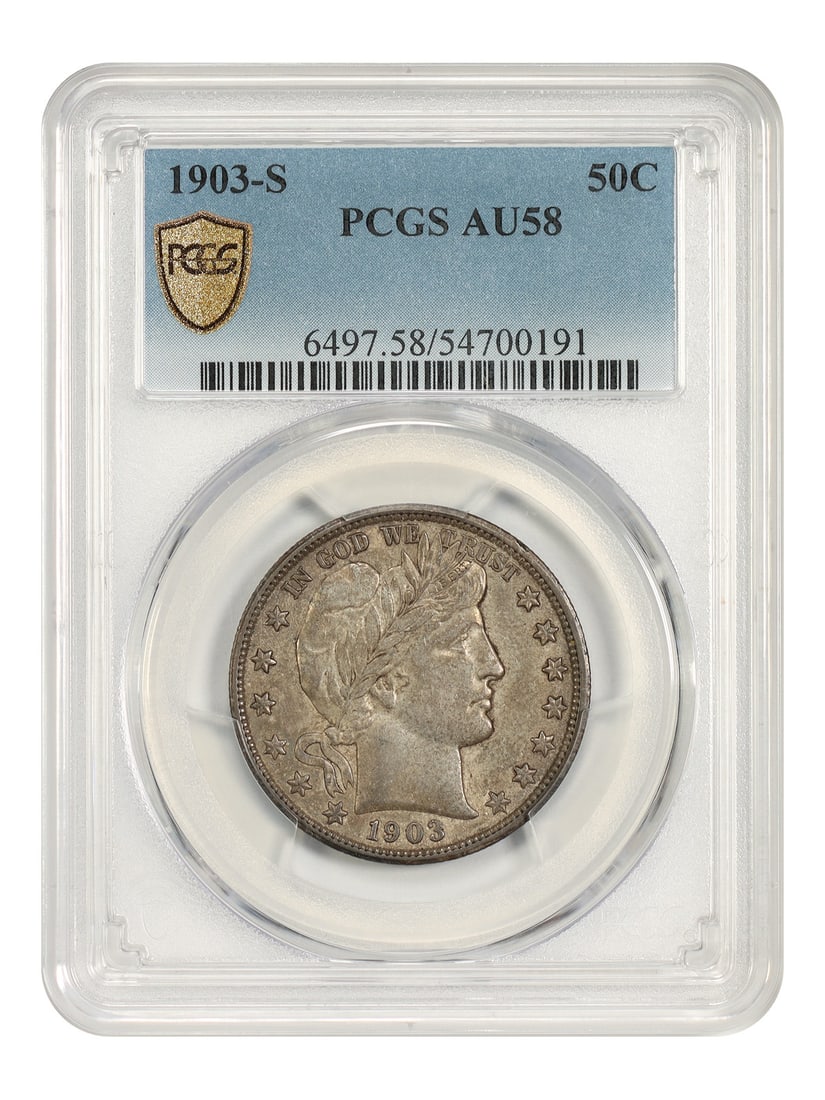 Barber Half Dollar 1903-S 50C PCGS AU58 Certified Coin: Barber Half Dollar 1903-S 50C PCGS AU58 Certified Coin 1903-S Barber Half Dollar certified by PCGS as AU58. This circulated example is described as a great, original Barber Half slider, with some inhe